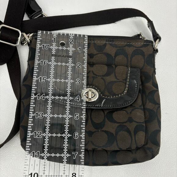 Coach Signature Canvas Small Crossbody Bag Brown Black Zip Top Twist Lock Pocket - Picture 8 of 9